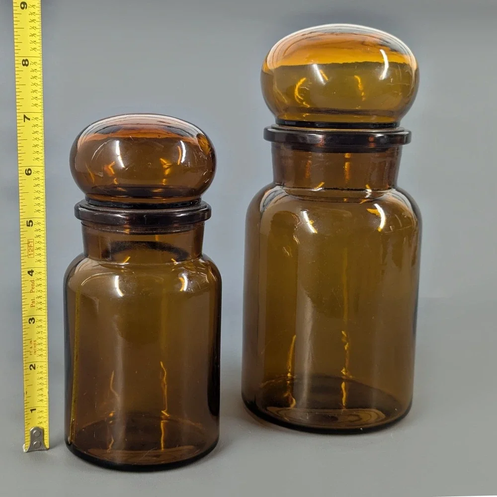 Vintage Amber Glass Apothecary Jar Set Bubble Top Stopper Mid Century Modern